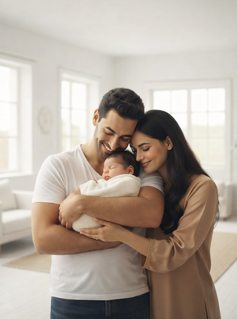 Couple tenant un nouveau-né après un traitement PMA (IAC / ICSI)